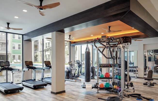 Contemporary fitness center at The Baldwin at St. Paul Square, San Antonio