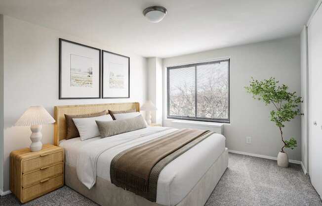 A bedroom with a large bed, a nightstand, and a plant.