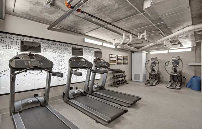 a gym with treadmills and elliptical machines