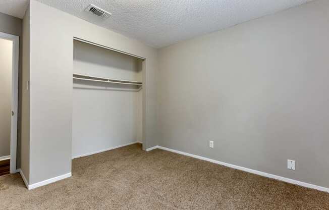 a bedroom with a closet and an open door