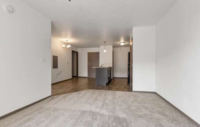 A room with a carpet on the floor and a table with chairs in the middle.