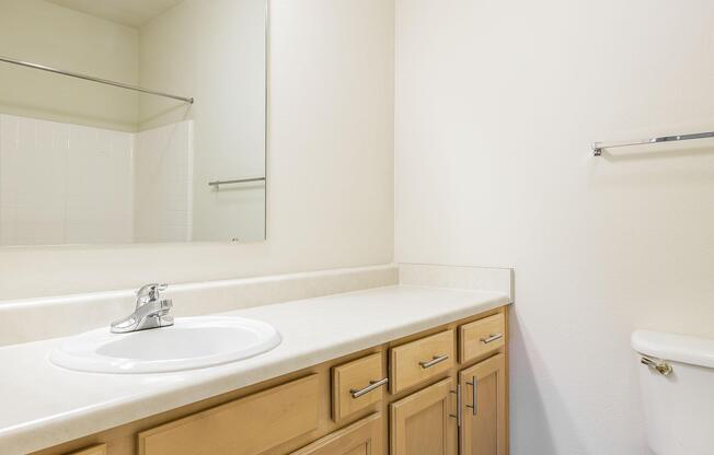 a room with a sink and a mirror