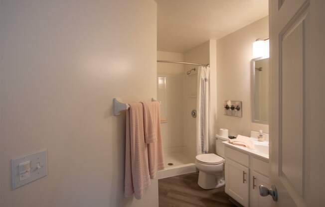 This is a photo of the primary bathroom of the 1100 square foot 2 bedroom Kettering floor plan at Washington Park Apartments in Centerville, OH.