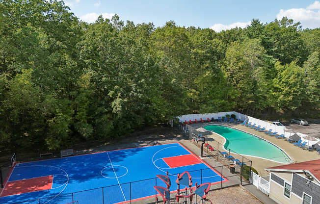 A basketball court with a red and blue surface is surrounded by trees.