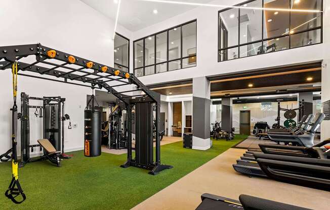 A gym with a variety of equipment including treadmills, weights, and a pull up bar.