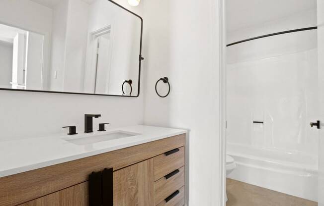 a bathroom with a sink and a mirror and a shower