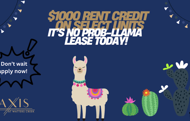 A promotional image for a $1000 rent credit on self-effect units at Axis Watters Creek.