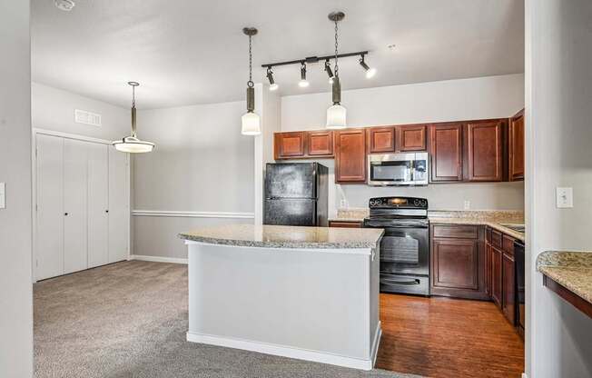 A kitchen with a granite countertop and stainless steel appliances.
