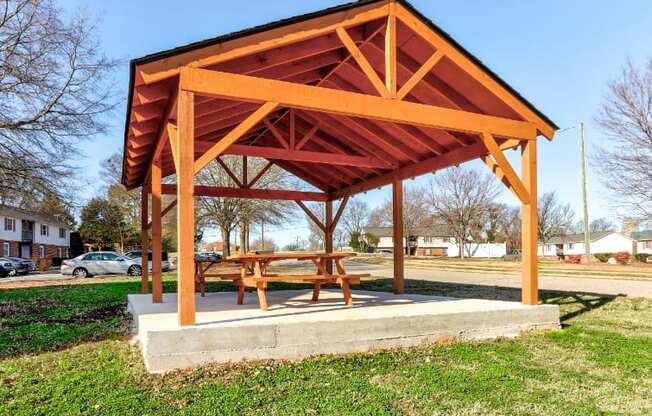a picnic pavilion with a picnic table in a park