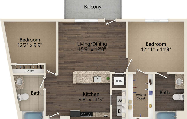 2 beds, 2 baths, 1,096 sqft, $1,591