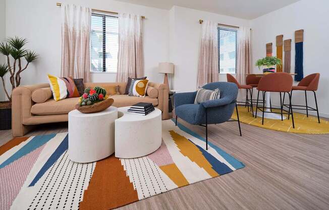 a living room with a couch and a table