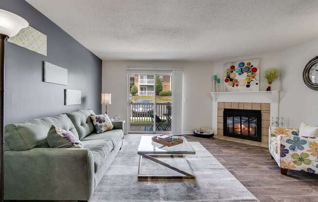 Spacious Living Room With Wood-Style Flooring, Fireplace, & Glass Patio Door