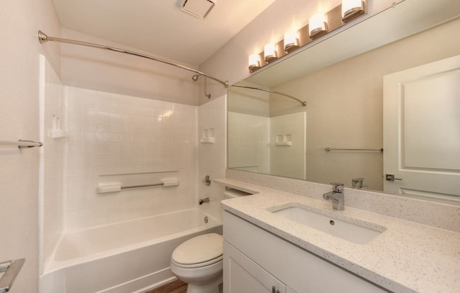 Bathroom with Vanity, Hardwood Inspired Floor, Toilet and Bathtub