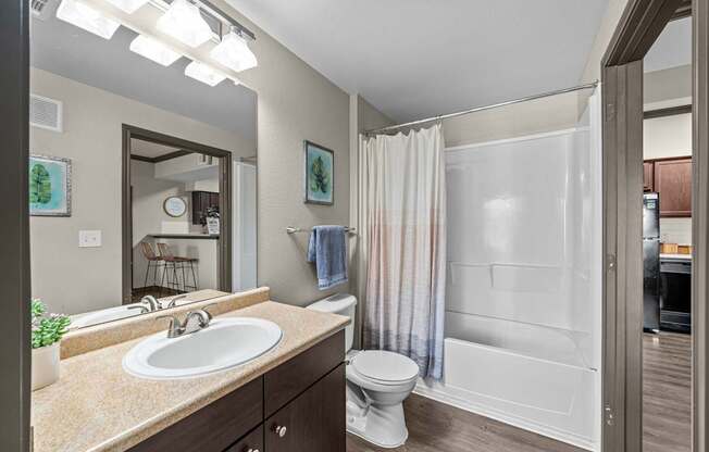 A bathroom with a sink, toilet, and shower.