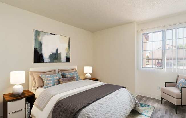 a bedroom with a bed and a window