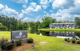 a large building with a lake and a sign in front of it