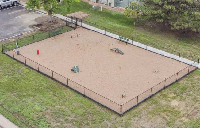 Aerial view of our Dog Agility Park at Hilltop View Apartments