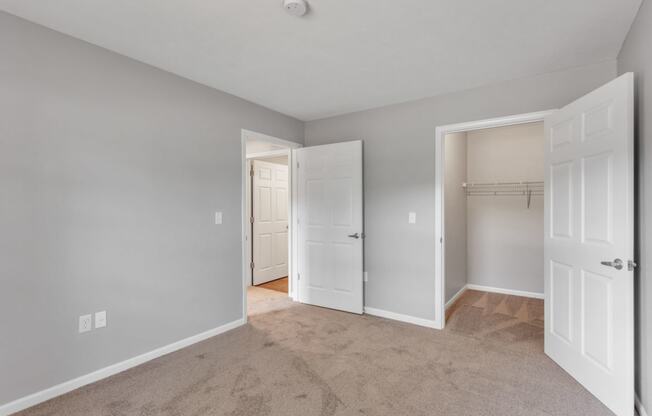 a bedroom with two closets and a door to a closet