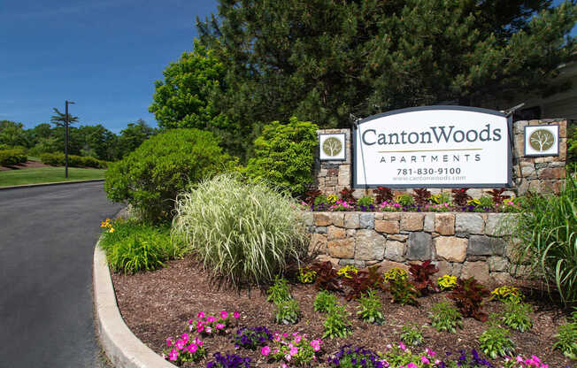 Entrance of Apartment Homes in Canton, MA with Sign | Canton Woods