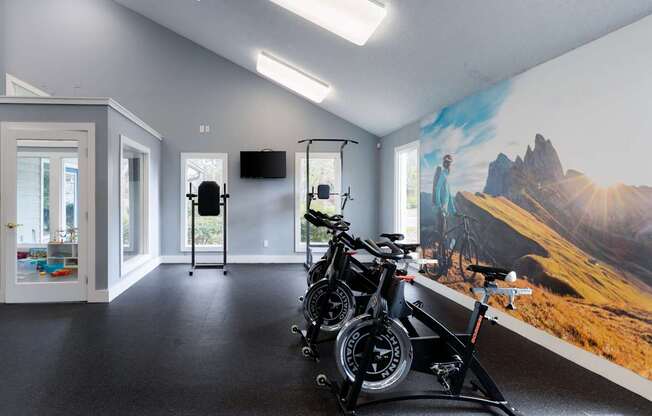 A room with a wall mural of a mountainous landscape and two bicycles leaning against a stand.