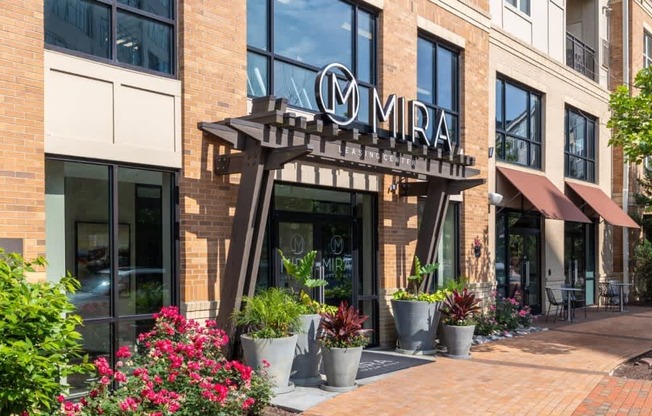 The front of a building with a sign that says "Mira".