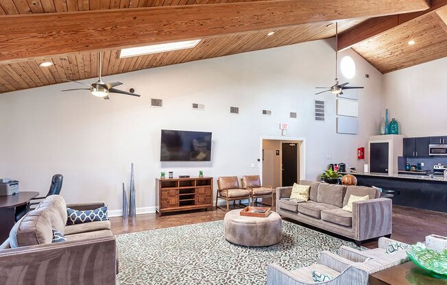 a living room with couches and chairs and a television