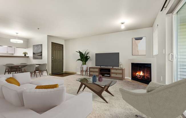 a living room with a couch and a chair and a television and a fireplace