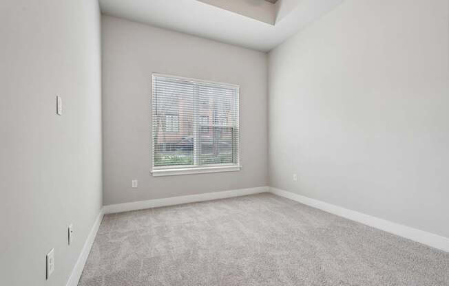 A bedroom with  windows, super high ceilings with a tray-ceiling, and carpeted.