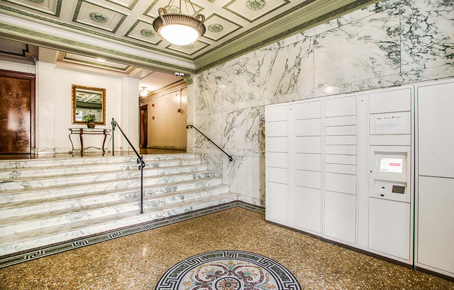 Building lobby and package lockers at Highview and Castle Manor, Washington, 20009