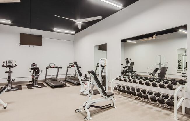 a gym with cardio equipment and weights on the floor