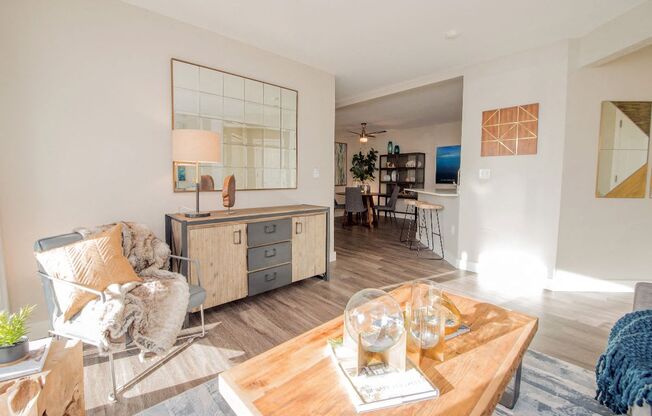 a living room with a couch and a table