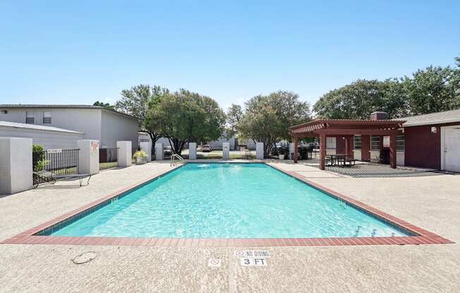 A rectangular pool with a red border and a sign that says "POOL AND DRILLING 3 PM".
