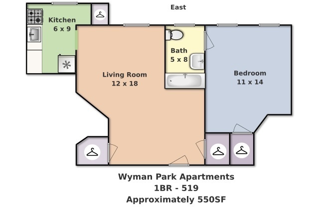 1 bed, 1 bath, 550 sqft, $1,410, Unit 519