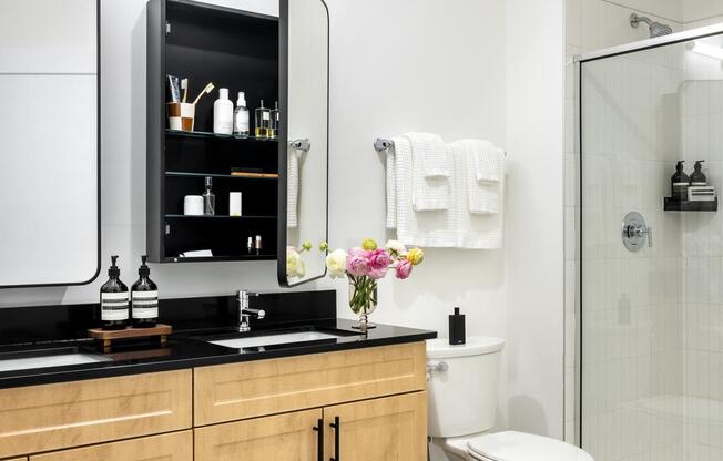 a bathroom with a toilet and a sink and a shower