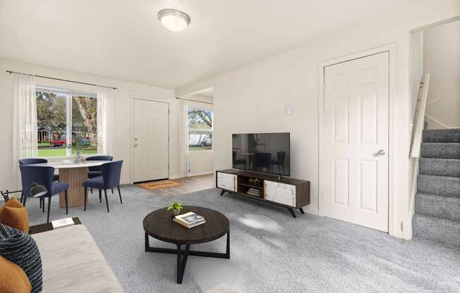 A living room with a television, chairs, and a coffee table.