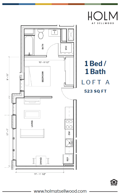 A floor plan for a 1 Bed/1 Bath loft sized at 523 square feet.