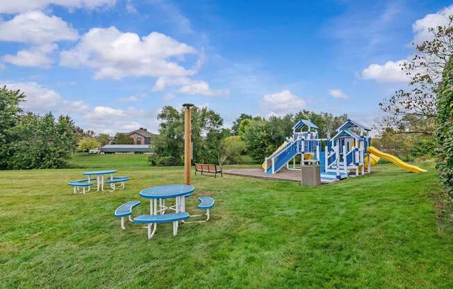 A playground with a blue slide and picnic tables.