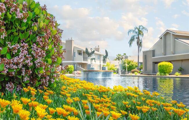 Beautiful Pond With Fountain at Heron Pointe Apartments & Townhomes, Fresno, California