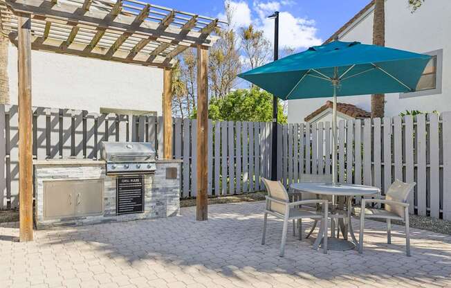 A patio with a table and chairs under a blue umbrella.