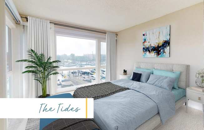 A bedroom with a large bed and a view of the beach at Marina Harbor, California, 90292