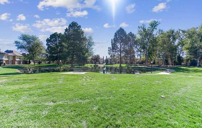 A sunny day at a park with a green field and trees.