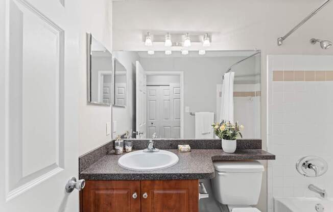A bathroom with a sink, toilet, and mirror.