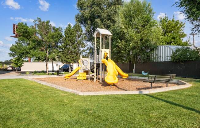 a playground with yellow slides and swings in a park