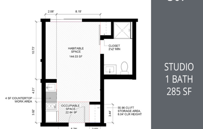 Studio, 1 bath, 283 sqft, $1,025, Unit B05
