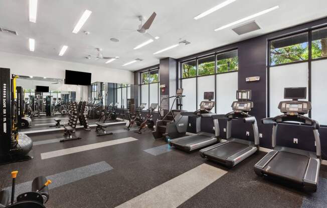 A gym with treadmills, elliptical machines, and other exercise equipment.