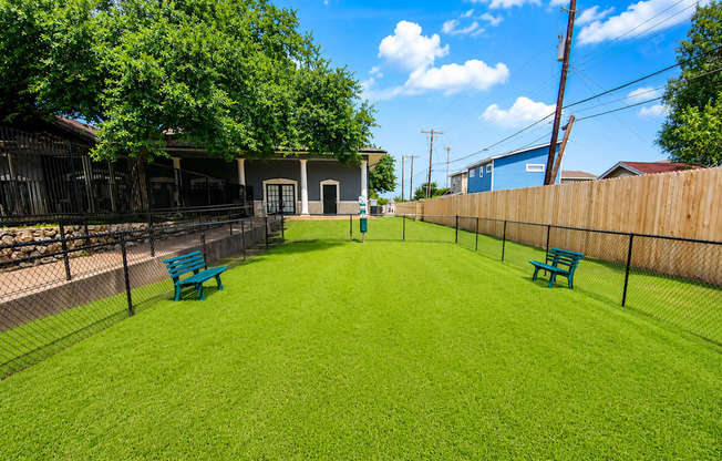 A backyard with a green lawn and two blue benches.