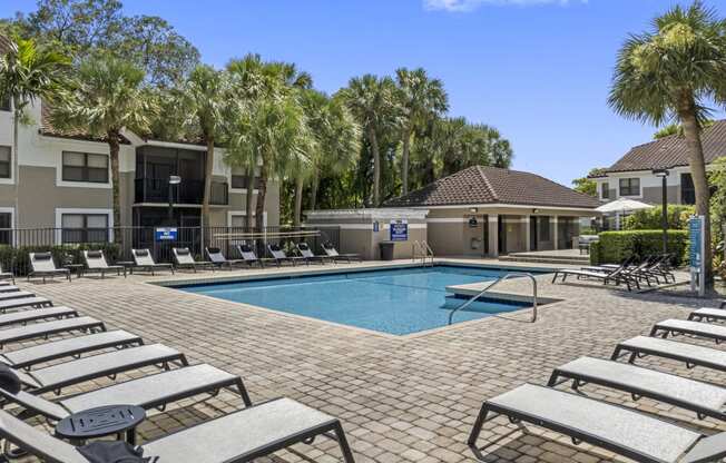 a swimming pool with chaise lounge chairs and palm trees in the background