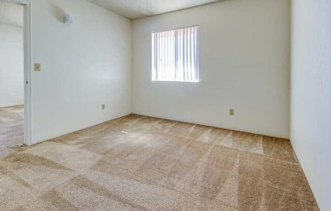 the bedroom of an apartment with carpet and a window