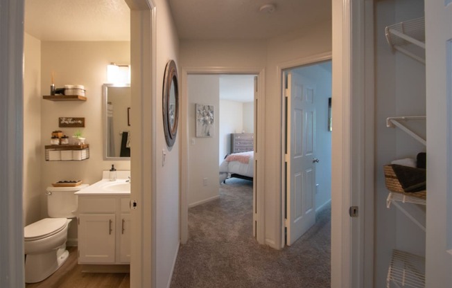 This is a photo of the hallway of the 1100 square foot 2 bedroom Kettering floor plan at Washington Park Apartments in Centerville, OH.