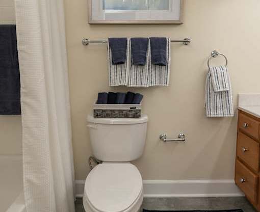 A bathroom with a toilet, a shower curtain, a towel rack with striped towels, and a picture on the wall.